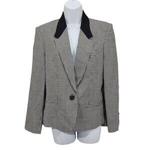Vintage Sanyo Wool Blazer Women 12 Black Houndstooth English Countryside Preppy